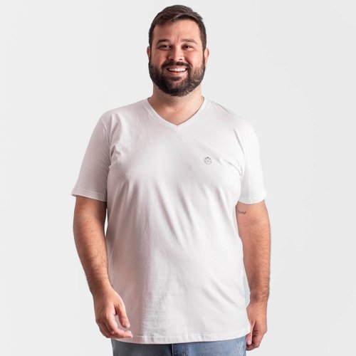 Camiseta Plus Size Masculina Gola V Lisa Bear Branca