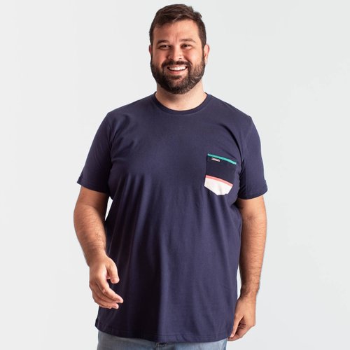 Camiseta Plus Size Masculina Azul Marinho Bolso Listras