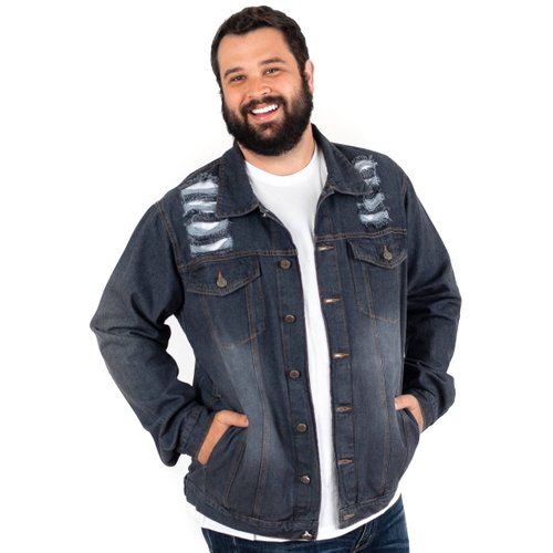 Jaqueta Plus Size Masculina Jeans Slim Destroyed Preta