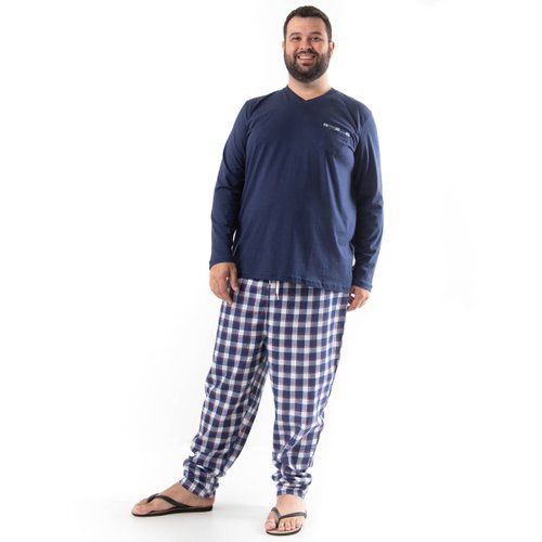Pijama Plus Size Masculino Manga Longa Azul Marinho Xadrez Branco