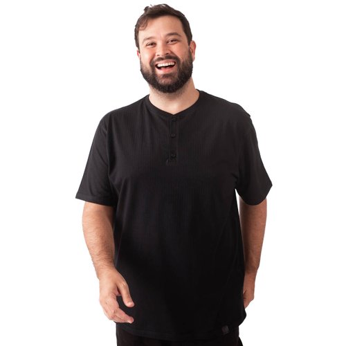 Camiseta Plus Size Masculina Henley Slender Preta