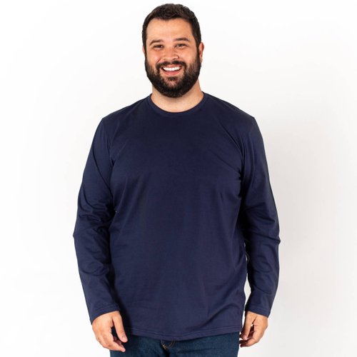 Camiseta Plus Size Masculina Básica Manga Longa Azul Marinho