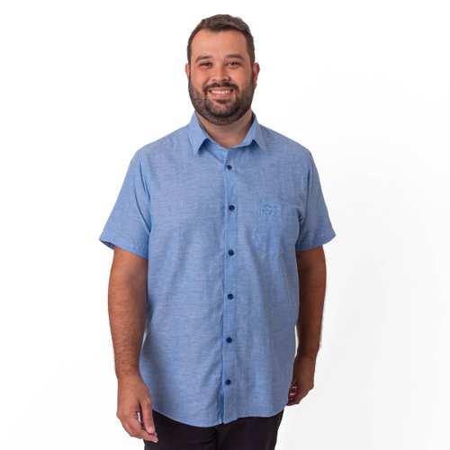 camisa plus size masculina linho com bolso azul frente