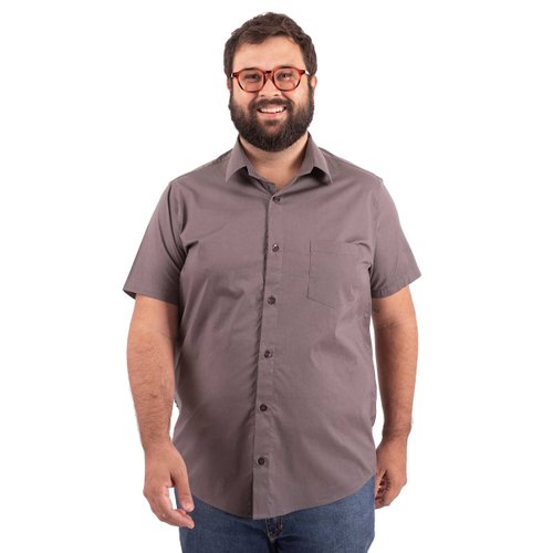 Camisa Plus Size Masculina M/C Tricoline Elastic Cinza