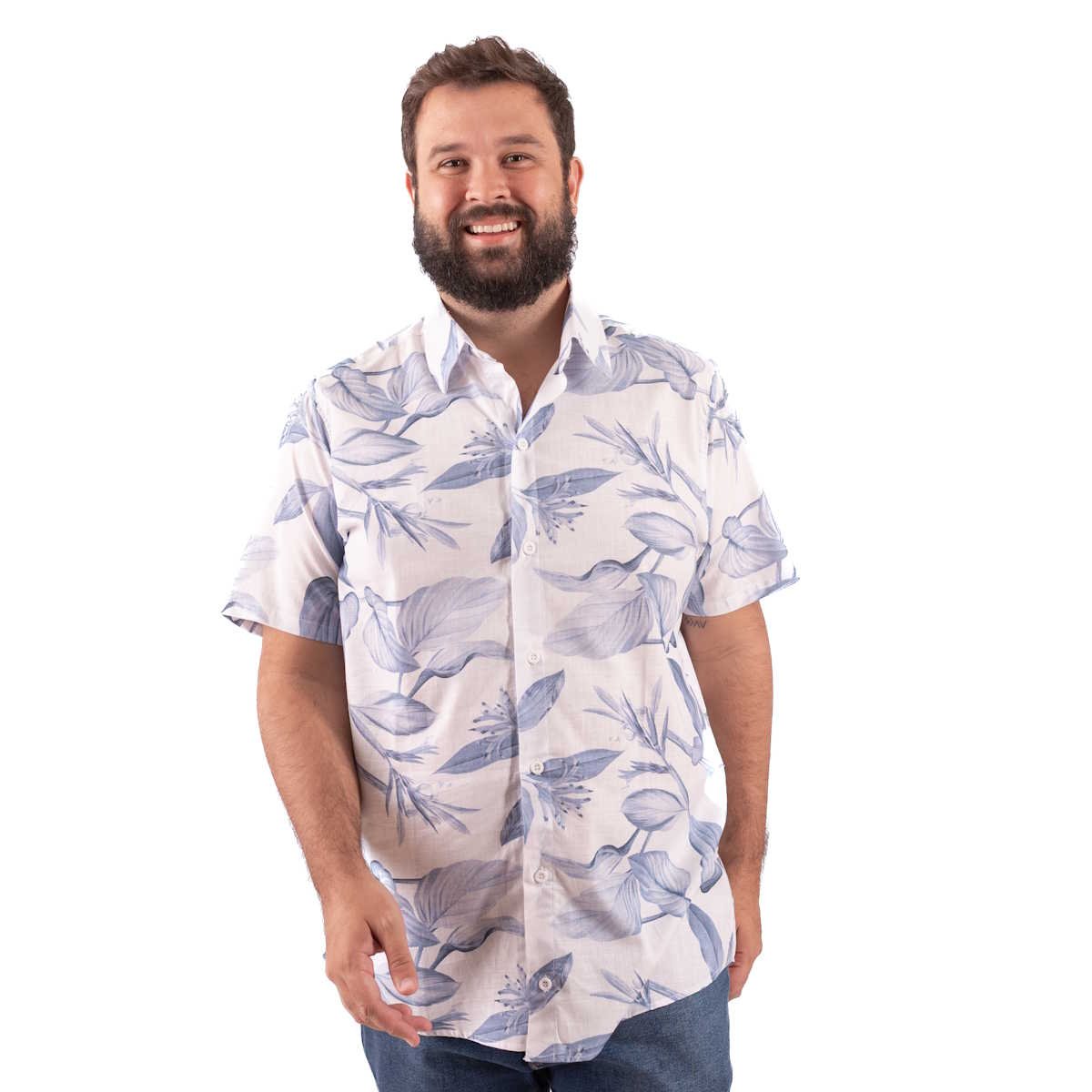 Camisa Plus Size Masculina Blue Leaves | 100% Algodão com Estampa Azul