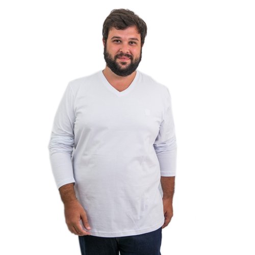 Camiseta Plus Size Masculina Gola V Manga Longa com Bordado Branca