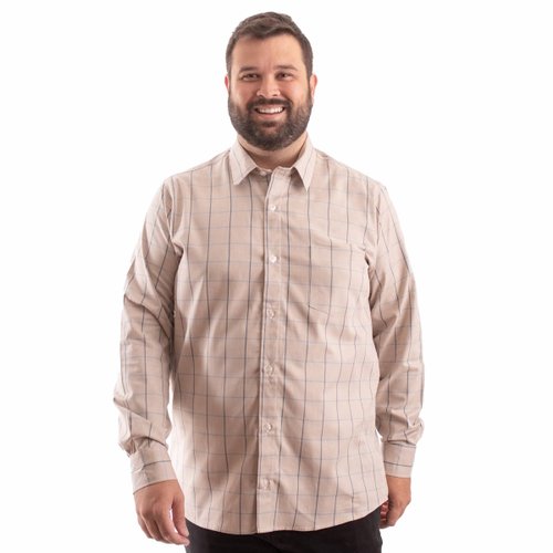 Camisa Plus Size Masculina Oxford Xadrez Caqui