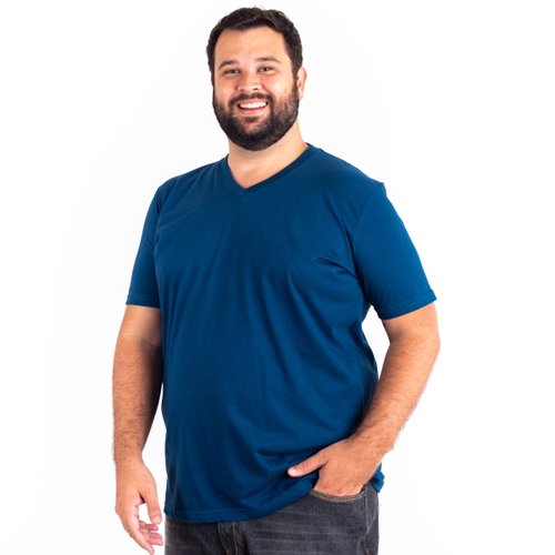 Camiseta Plus Size Masculina Gola V Lisa Azul