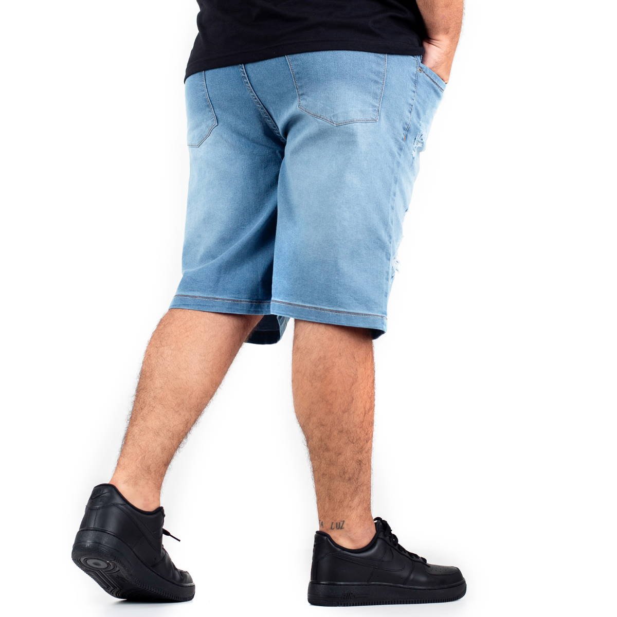 Bermuda Jeans Plus Size Masculina Destroyed Blue Tensor