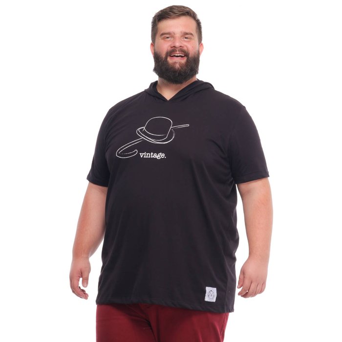 camiseta plus size masculina capuz vintage preta mais pano frente