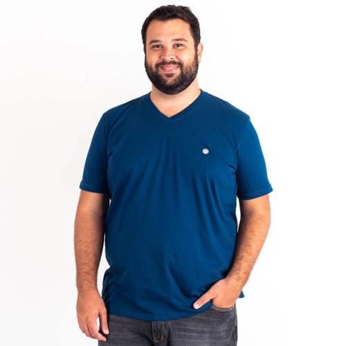 Camiseta Plus Size Masculina Gola V Azul