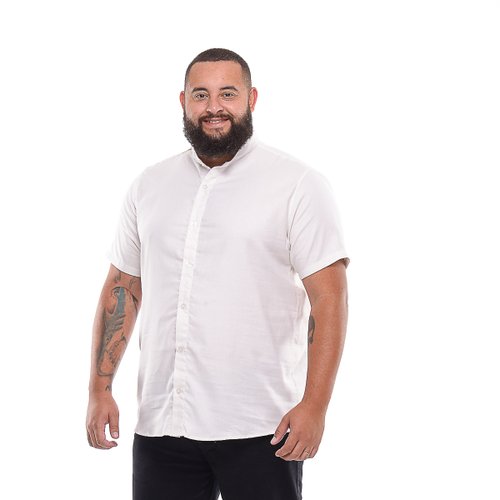 Camisa Plus Size Masculina Gola Padre Oxford Offwhite