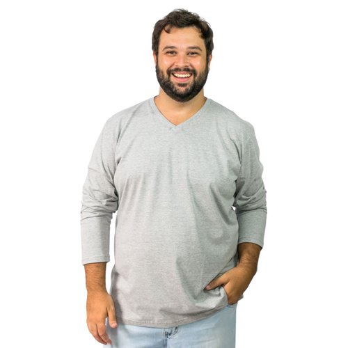 Camiseta Plus Size Masculina Básica Gola V Manga Longa Mescla