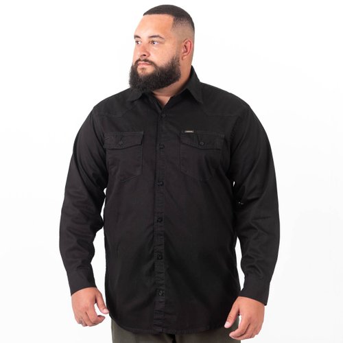 Camisa Plus Size Masculina Manga Longa Sarja Preta