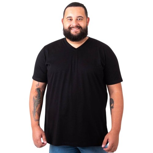 Camiseta Plus Size Masculina Gola V Lisa Preta
